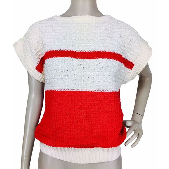 Vintage 80s Liz Sport Color Block Waffle Knit Short Sleeve Pullover Sweater Top - Picture 2 of 7